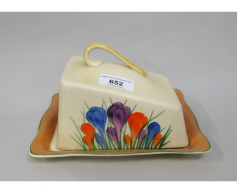Clarice Cliff Crocus pattern cheese dish and cover, 19cms wideHas been restored around rim. Various crazing. 