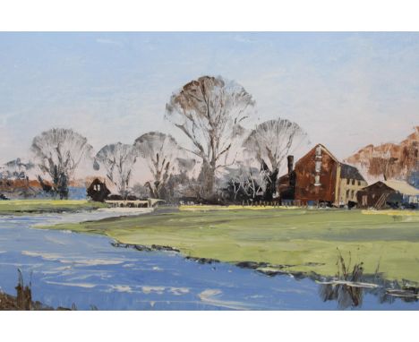 Modern oil on board, rural river scene, 30cms x 60cms together with a small oil on board, study of a procession of figures an