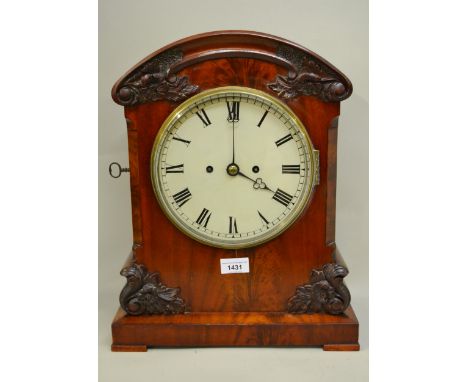 Victorian mahogany bracket clock, the painted dial with Roman numerals, the case with applied floral decoration, the two trai