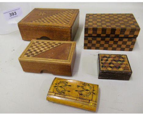 Miniature Tunbridge ware rectangular inlaid box, together with three other inlaid boxes, and a snuff box 
