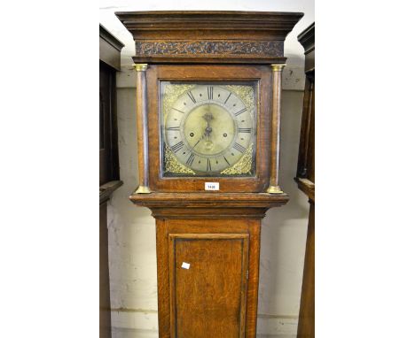 18th Century oak longcase clock, with 10in dial, the square hood with flanking pilasters above a rectangular moulded panelled