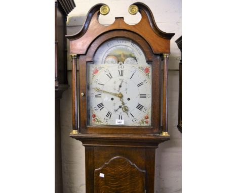 George III oak longcase clock, the mahogany veneered swan neck pediment above a broken arch hood, with flanking pilasters, sh