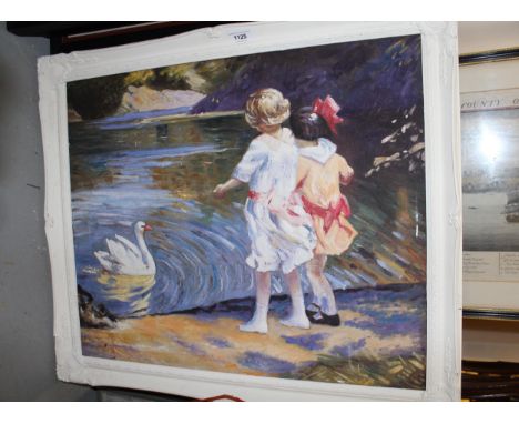 20th Century oil on board, children feeding a swan, 49cms x 60cms, framed, together with an oil on canvas, head and shoulder 