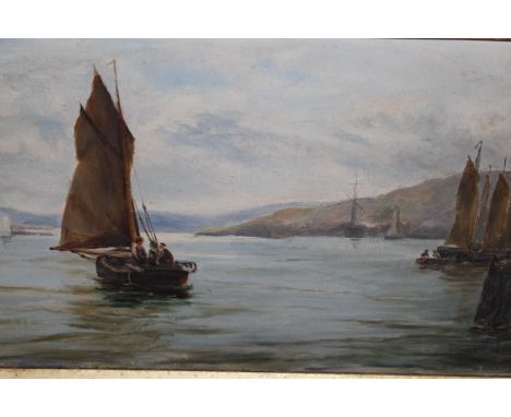 Oil on canvas, Cornish coastal scene with figures and boats, signed with monogram and an oil on canvas, portrait of a fisher 