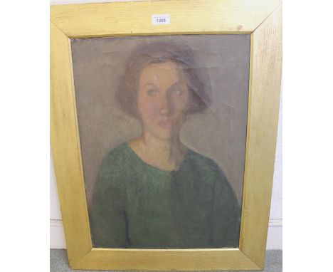 Bloomsbury Group style oil on canvas, portrait of a young lady in a green tunic, gilded oak frame, 56cms x 40cms 