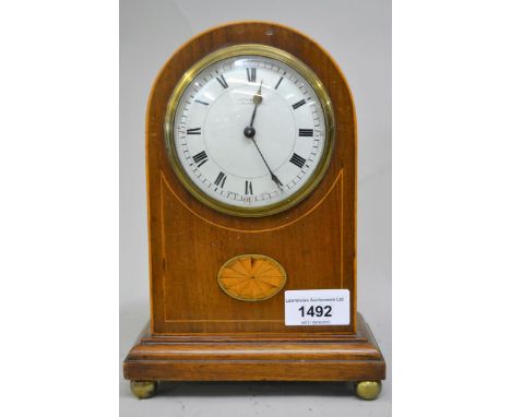 Edwardian mahogany and boxwood line inlaid mantel clock, the circular enamel dial with Roman numerals, signed Atkinson Middle