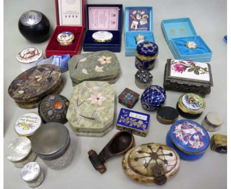 Group of four Halcyon Days enamel boxes in original packaging, together with a collection of various other trinket boxes incl