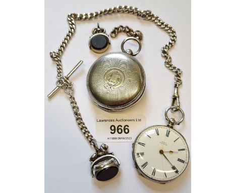 Silver cased open face fob watch with enamel dial and Roman numerals, signed Ellis, Exeter, on a graduated curb link Albert w
