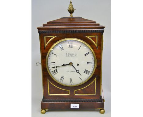 Regency mahogany bracket clock by P. Upjohn, Red Lion Street London, the rectangular case with stepped surmount and pineapple