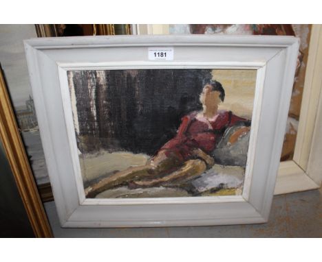 Two Bloomsbury Group style oils, lady reclining on a sofa, and head and shoulder portrait of a lady (white painted frame), la