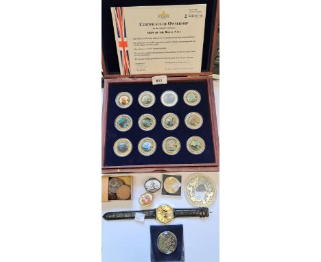Cased set of twenty four gold plated medallions, ' Ships of the Royal Navy ' by Windsor Mint, together with a gold plated wri