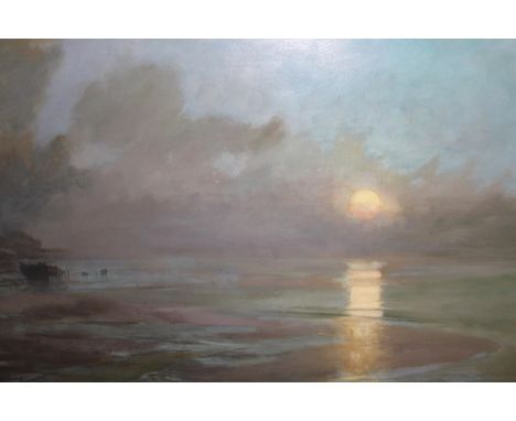 Frank Lewis Emanuel, signed oil on canvas, extensive coastal landscape by moonlight, inscribed on artisits label verso ' Moon
