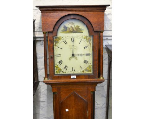 19th Century oak and mahogany longcase clock, the arched painted dial signed C. Dixon, Hexham, with subsidiary date aperture,