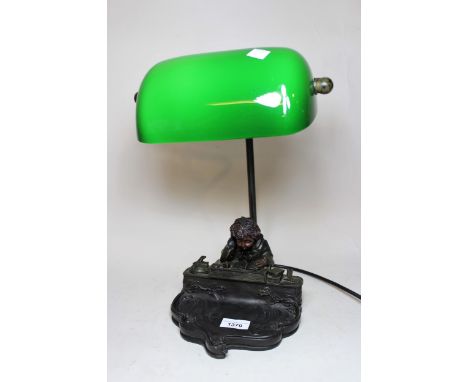 20th Century bronzed composite and green glass students lamp 