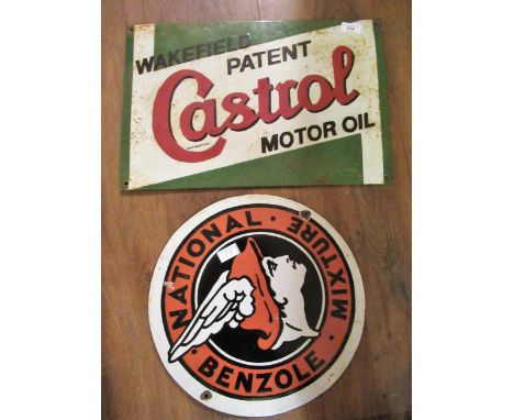 Circular enamel advertising sign for ' National Benzole Mixture ', 38.5cms diameter, together with another ' Wakefield Patent