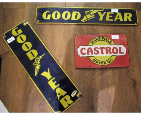 Group of three small enamel advertising signs for ' Goodyear ' and ' Castrol ', 49.5cms x 15.5cms, 10cms x 56cms and 18cms x 