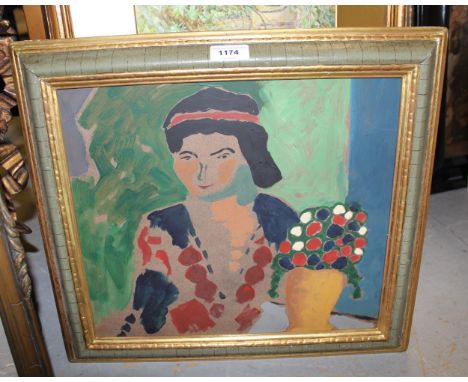 Post impressionist style oil on board, portrait of a lady by a vase of flowers, 31cms x 35cms 