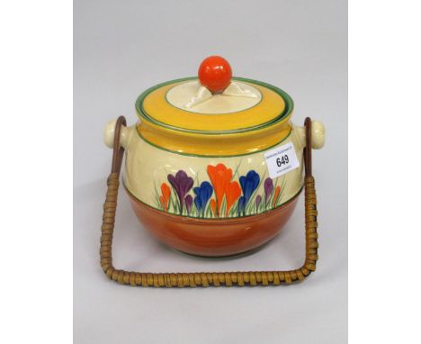 Clarice Cliff Bizarre Crocus pattern biscuit barrel with cover and basket work handle, 15.5cms highSome crazing, also some pa