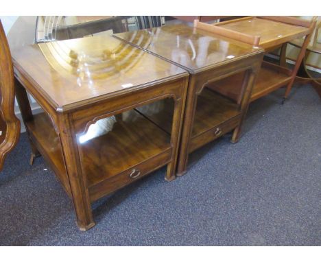 Pair of American cherry wood lamp tables, each with a single drawer to the undertier, 56cms square, together with an American