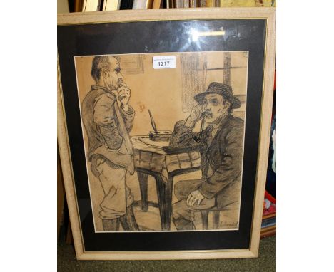 20th Century, pencil and crayon sketch, two gentleman in an interior, indistinctly signed, framed, 35cms x 30cms 