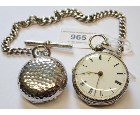 Birmingham silver cased fob watch, the enamel dial with Roman numerals, on a silver graduated curb link watch chain with atta