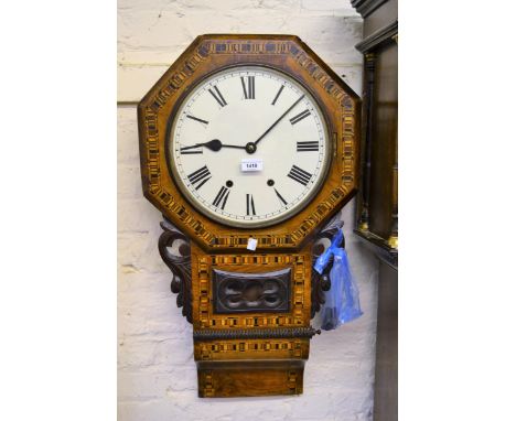 American walnut parquetry inlaid octagonal drop dial wall clock, the enamel dial with Roman numerals with a two train movemen