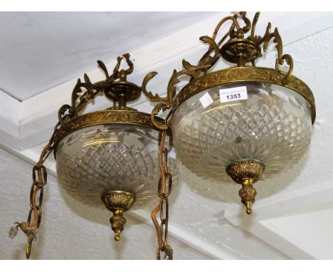 Pair of cut glass brass mounted bowl form hanging light fittingsGood condition, no chips. They do need a clean and re-wiring 