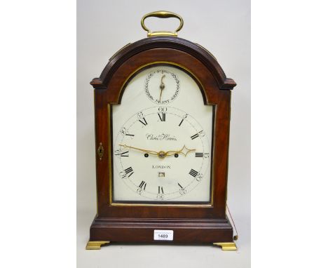 George III mahogany bracket clock by Christopher Harris, London, the broken arch case with painted dial, Arabic and Roman num