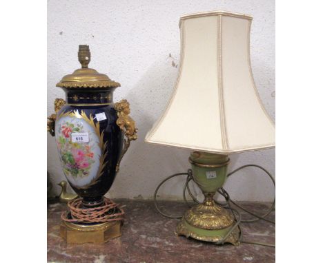 French porcelain and ormolu mounted baluster form table lamp, with floral decoration, together with a 20th Century onyx gilt 