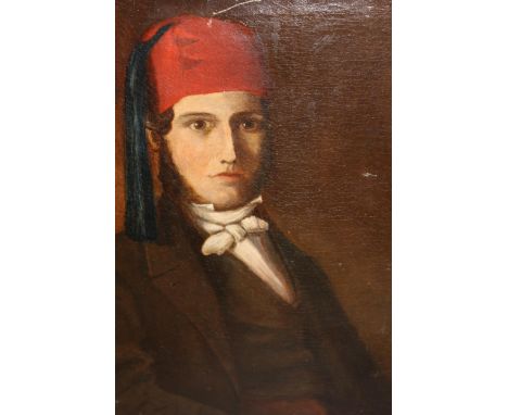 19th Century English school oil on canvas, portrait of a seated young man wearing a fez, 35cms x 30cms approximately, maple f