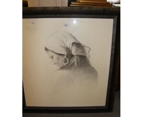 Modern Continental pencil and white highlighted head and shoulder portrait of a woman wearing a headscarf, framed, unsigned, 