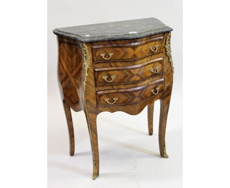 Pair of French reproduction kingwood three drawer commode bedside chests, in Louis XV style, (the tops non-matching)Both are 