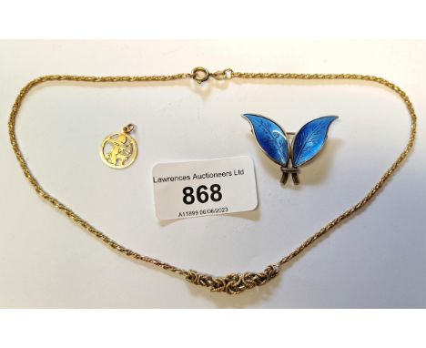 9ct Gold chain link necklace, 9ct gold charm and a Norwegian sterling silver and enamel broochNecklace is 39cms long and weig