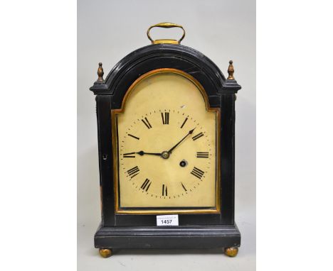 George III ebonised bracket clock, the painted dial with Roman numerals and single train fusee movement, 38cms high excluding