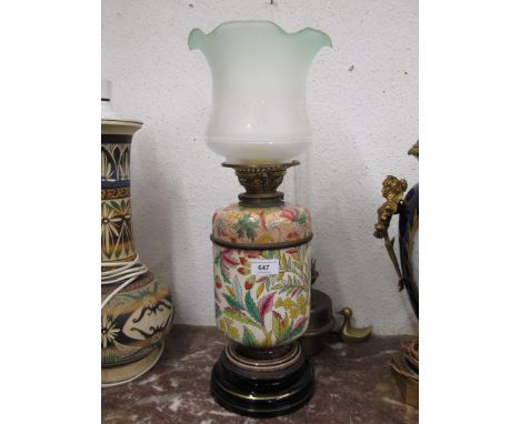 Pottery floral decorated oil lamp base, with etched glass shade and a copper oil lamp well with chimney (at fault)No chimney,