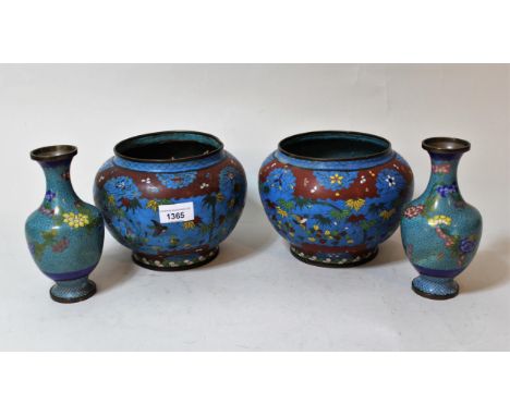 Pair of Chinese cloisonne floral decorated jardinieres (at fault), together with a pair of similar floral decorated baluster 