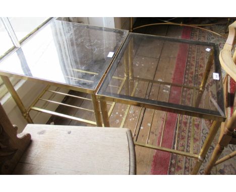 Pair of mid 20th Century brass lamp tables with glass inset tops, 46cms wide 