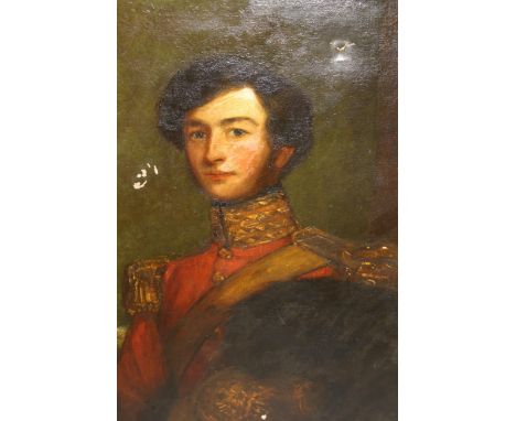 19th Century English school oil on canvas, inscribed verso ' Portrait of George D. Scott in uniform of the Royal Dragoon Guar
