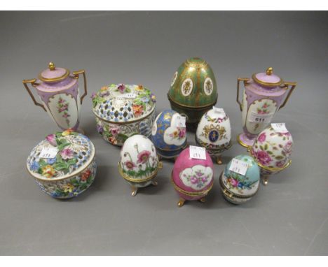 Group of six porcelain egg form trinket boxes, pair of Minton porcelain vases with covers, (handles repaired) and two Dresden