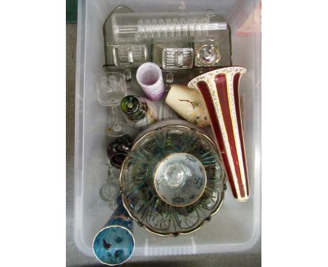 Box containing a small quantity of various glassware, including a Bohemian red flash and white overlay epergne stem (at fault