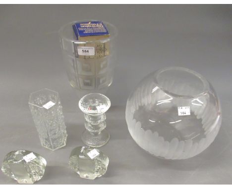 Rosenthal clear and etched glass vase, another unmarked globular form vase, Dartington FT95 vase in original box, another unb