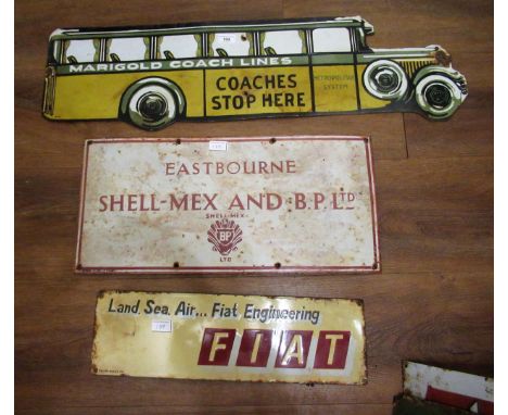 Enamel advertising sign for ' Marigold Coach Lines ', 25.5cms x 90cms together with a small ' Fiat ' sign, 15cms x 50.5cms an