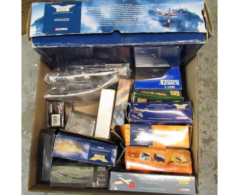 Box containing a quantity of various metal diecast model aeroplanes, including Corgi Aviation Archive /72 scale Lancaster PO-