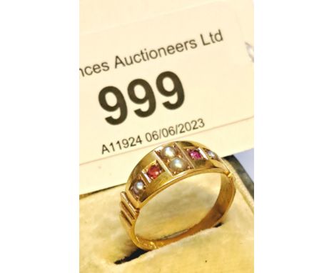 15ct Gold ruby and pearl set ring, size L, 2.7g 