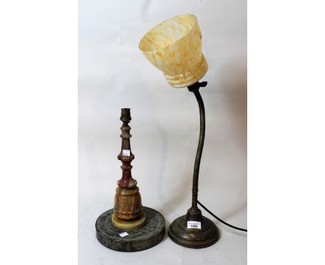 Early 20th Century brass adjustable desk lamp, with yellow glass shade, together with another onyx lamp base 