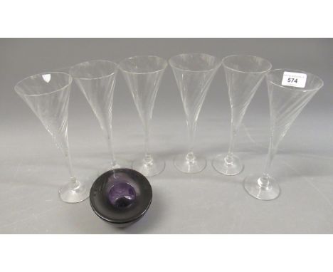 Set of six Orrefors Swedish trumpet form champagne flutes with wrythen bowls, and an Orrefors amethyst coloured small dish 