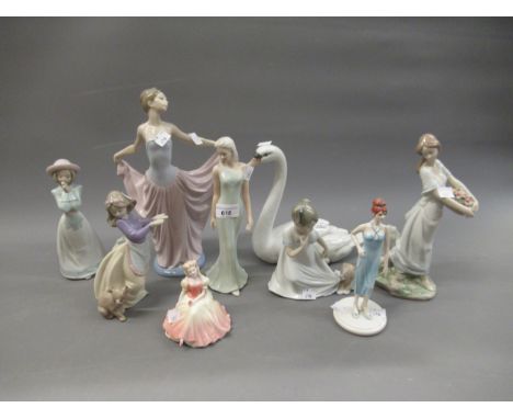 Lladro figure of a girl with basket of flowers, Lladro figure of a swan, another of a girl dancer (head repaired), three Nao 