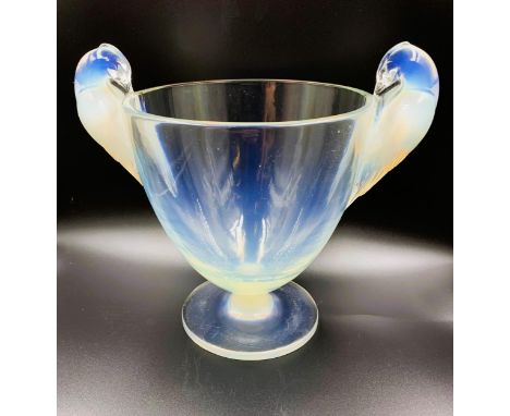 Lalique Ornis opalescent glass two handled pedestal vase, the side handles in the form of birds, with wheel etched mark R. La