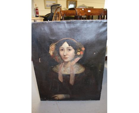 19th Century oil on canvas, half length portrait of a lady wearing a floral bonnet, 76cms x 61cms, unframed 
