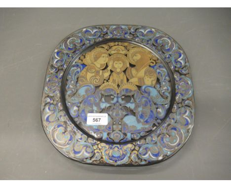 Rosenthal Limited Edition glass dish, with stylised decoration in gold and blue of figures, dated 1979, inscribed Weihnachten